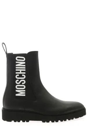 Moschino Logo Printed Round Toe Chelsea Boots
