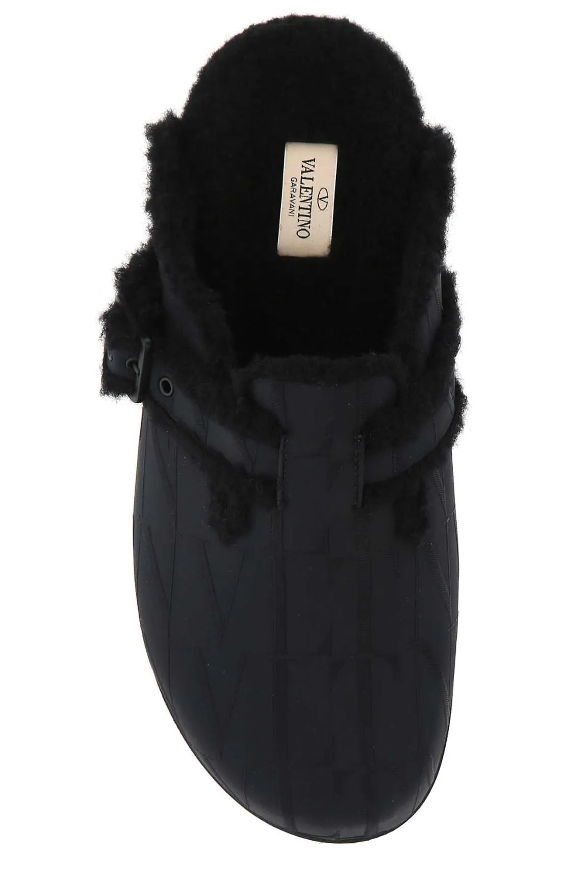 Valentino Logo Embossed Shearling Mules